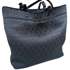 Michael Kors Black Embossed Cloth Logo Tote Faux Leather Handles L Shoulder Bag